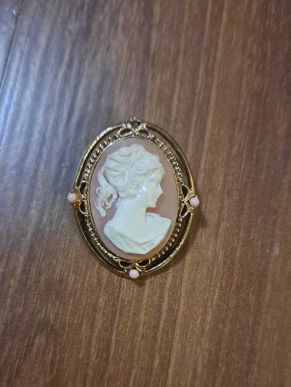 Classic Cameo Portrait Brooch in White and Peach with Gold Frame
